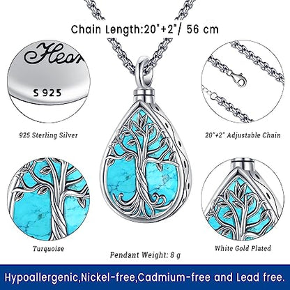 Eusense Cremation Jewelry for Ashes Urn Necklace to Put Ashes In 925 Sterling Silver Memorial Pendant Tree of Life Infinity Urn Necklaces for Ashes Necklace for Women Men - style: A-Tree of Life Urn Necklace-Turquoise