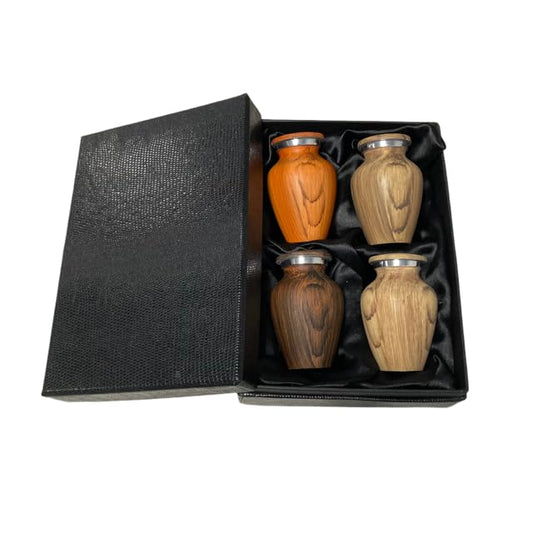 4-Pack of Wood Finish Keepsake Cremation Urns for Ashes - Aluminum Urns with Painted Wood Finish - 3 Cubic Inch Capacity [2.5 tablespoons of cremains] - for The Sharing of Ashes - color: 4-pack