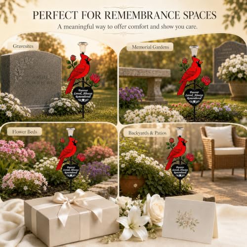 Solar Cardinal Memorial Garden Stake with 'Always Loved, Never Forgotten' Sentiment, Red Bird and Rose Design (Heart Shaped)