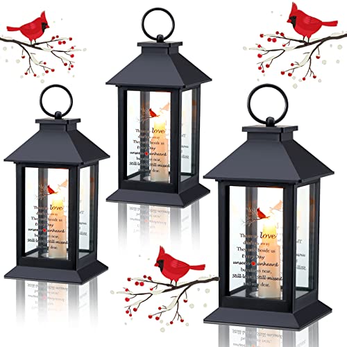 Kingdder 3 Pieces Memorial Lantern Sympathy Gifts Funeral Cardinal Lantern with Flickering LED Candle Black Bereavement Gifts in Memory of Loved One Candle for Loss Mom Mother Dad Father Husband