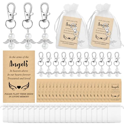 50 Sets Funeral Favors for Guests 50 Celebration of Life Angel Keychain Pearl Keychain 50 Memorial Seed Packets Small Envelopes and Organza Bags Funeral Memorial Party Guests Gifts, No Seed
