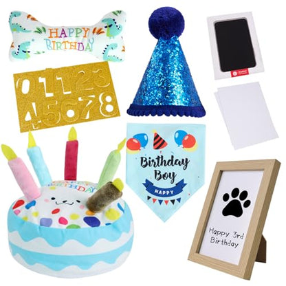 Dog Birthday Toy Set, Dog Squeaky Toys, Includes Squeaky Cake Toy, Plush Bones, Birthday Hats, Bandana, Paw Print Kit & Photo Frame. Pet Gift Supplies, Blue - color: Blue