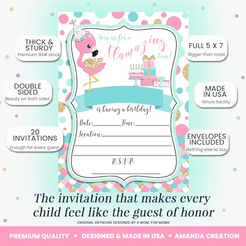 Flamazing Pink Aqua & Gold Glitter Polka Dot Flamingo Birthday Party Invitations for Girls, 20 5x7 Fill In Cards with Twenty White Envelopes by AmandaCreation - style: Flamazing Pink Aqua & Gold Glitte