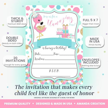 Flamazing Pink Aqua & Gold Glitter Polka Dot Flamingo Birthday Party Invitations for Girls, 20 5x7 Fill In Cards with Twenty White Envelopes by AmandaCreation - style: Flamazing Pink Aqua & Gold Glitte