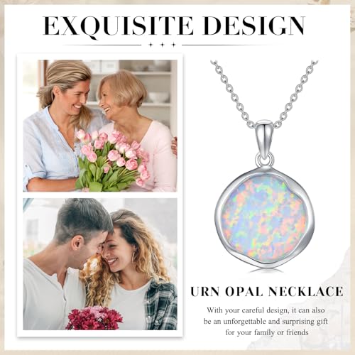 Urn necklace for Ashes 925 Sterling Silver Opal/Turquoise/Moonstone/Moss agate Pendant Cremation Memory Jewelry Keepsake Gifts for Women - style: Opal-round-cus