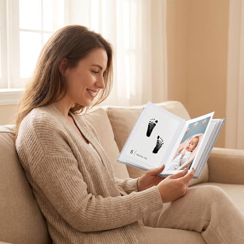 15 Pack Little Lullaby Inkless Milestone Cards Baby Hand and Footprint Kit 12 Months Newborn Memory Book Keepsake Ink Pad for Handprints Footprints (White Box + Beige Photo Album) - style: White Box + Beige Photo Album