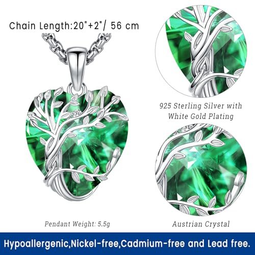 Eusense Tree of Life Necklace for Women Men Sterling Silver 925 Tree Urn Locket Cremation Jewelry Family Tree Pendant Gifts for Her Him Mom Dad Grandma Daughter - style: E-G-Tree of Life Necklace 05-Emerald