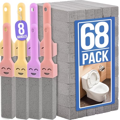 Navona 68 Pack Pumice Stone Scouring Sticks with 8 Universal Handles, Grey Pumice Cleaner for Toilets, Bathrooms & Multi-Surface Hard Water Stain and Limescale Removal - color: 68-PACK