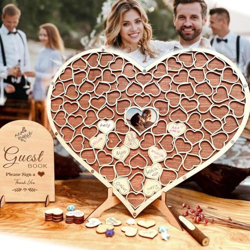 Wedding Guest Book Unique Wooden Heart Alternative GuestBook Bridal Shower Wedding Decoration with 83 Wooden Hearts 1 Sign Pen Set (Reddish Brown) - color: Reddish Brown