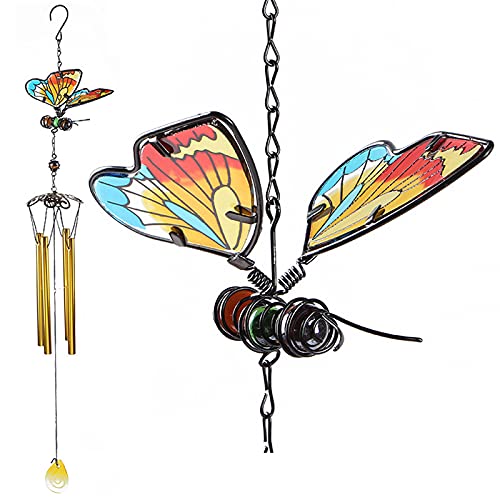 AVEKI Iron Stained Glass Butterfly Wind Chimes - 27.5''H, Gifts for Mom, Outdoor/Indoor, Home, Garden, Window, Yard, Patio, Lawn Decoration (Yellow) - color: Yellow