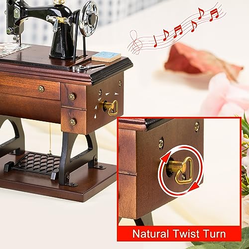 Sewing Machine Music Box Gift, Wooden Vintage Musical Box Christmas Anniversary Birthday Gifts for Mom Wife Grandma Friend Wind Up Mechanical Melody Fur Elise