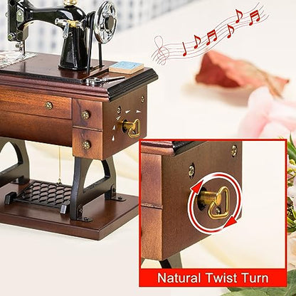 Sewing Machine Music Box Gift, Wooden Vintage Musical Box Christmas Anniversary Birthday Gifts for Mom Wife Grandma Friend Wind Up Mechanical Melody Fur Elise