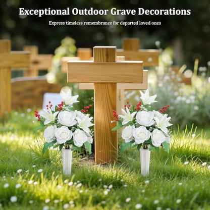 Lewondr Artificial Cemetery Flowers with Vase for Grave, White Lily, 2 Pack - color: Pure White