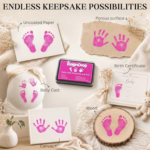 ReignDrop Baby Ink Pad for Hand and Footprints, Non-Toxic Acid-Free Keepsake Kit, Smudge-Proof Archival Ink Wipes Off Skin, for Scrapbook, Photo Album, Frames & Pet Paws, Baby Gift (Pink) - color: Pink