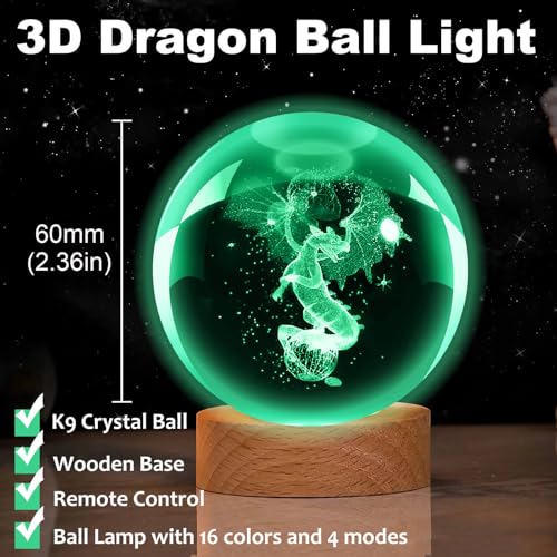 3D Dragon Lamp, Crystal Ball Night Light Dragon Gifts for Women Men Kids | 60mm 16 Colors Table Lamp with Wooden Base and Remote Control, Birthday Gift for Women Men Kids - color: dragon