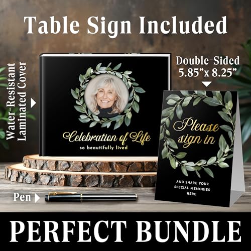 Premium Quality Gold Stamping Matt Hard Cover Funeral Guest Book, Celebration of Life Guest Book 96 Pages 120GSM Quality Paper W/Photo Cut Out, Table Sign and Elegant Black Pen Included