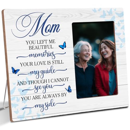 Loss of Mom Memorial Wooden Picture Frame, Always By My Side Sympathy Gifts for Loss of Mother, Fits 4x6 Photo Frame - color: Blue-mom