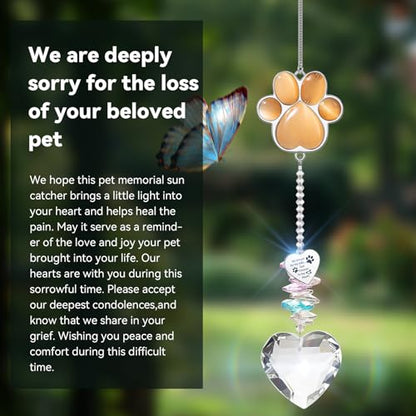 Dog Memorial Gifts, Pet Memorial Suncatcher, Loss of Dog Sympathy Gift | Thoughtful Dogs and Cats Bereavement Remembrance Gifts, Natural Cat's Eye Stone Paw Crystal Suncatcher - color: Orange Red