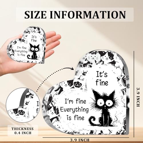 Cat Lover Gifts for Women Girls Cat Funny Office Acrylic Heart It’s Fun Everything Fun Gifts for Friends Coworkers Teacher Boss Desk Nursery Office Sign Plaque Paperweight - style: Everything is fine