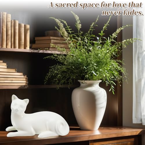 Lying Cat Urns for Ashes White Ceramic Pet Memorial Cremation, White | Includes Memorial Card, Waterproof Bag, Drawstring Pouch and Padding, Keepsake Urn for Loss of Beloved Cat, Remembrance Gift