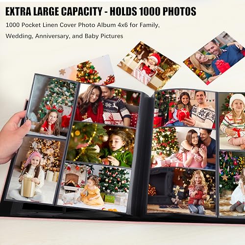 Aevdor Large Capacity 4x6 Photo Album, 1000 Photos, Linen Cover, Pink | Black Inner Pages, 3 Horizontal and 2 Vertical Pockets per Side, Front Photo Window, Family, Wedding & Travel Memories - color: Pink