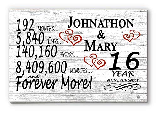 Personalized 16 Year Anniversary Sign Gift 16th Wedding Anniversary Present For Couple Days Minutes Years - Solid Wood - 16.5in x 10.5in x .75in (16 Year) - color: 16 Year