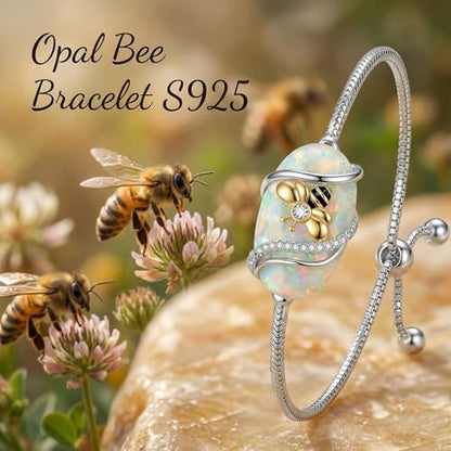 Hummingbird/Bee/Black Cat/Butterfly/Dragonfly Bracelet 925 Sterling Silver Opal Bracelet Opal Jewelry Gifts for Women Mom Wife - style: Bee