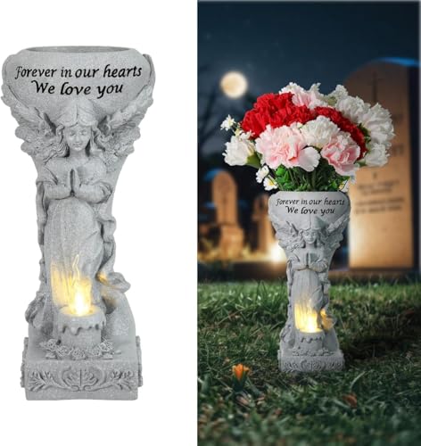 Lewondr Solar Cemetery Vase for Grave, Praying Angel Garden Stake Sculpture | Waterproof Memorial Flower Holder with Solar Candle Light, Sympathy Gifts for Loss of Loved One, Gray - color: Gray B