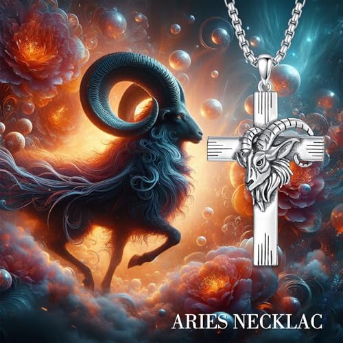 PROESS Cross Necklace for Women Men Sterling Silver Rose/Sunflower Cross Pendant Religious Jewelry Christmas Birthday Mothers' Day Gifts - color: 01-02-Aries