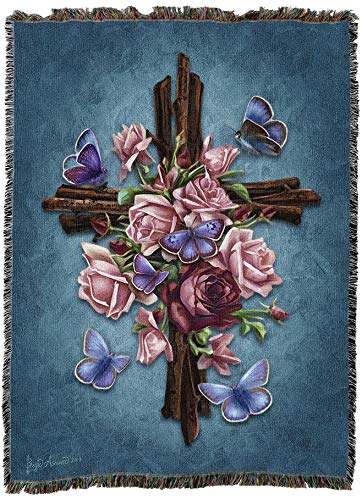 Pure Country Weavers Butterfly Cross Blanket by Brigid Ashwood - Sympathy Bereavement Gift Tapestry Throw Woven from Cotton - Made in the USA (72x54) - color: Butterfly Cross, size: 72" x 54"