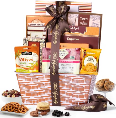 Broadway Basketeers Sympathy Food Gift Basket to Convey Condolence & Loss | Bereavement care package with assorted snacks for loss or funeral. Sympathy delivery. Kosher shiva.