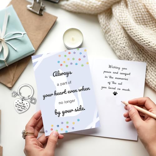 Pet Sympathy Card for Cat with Pet Memorial Keychain, Cat Memorial Gifts, Bereavement Gifts for Loss of Pets Sympathy Cards with Envelopes Condolences Gift for Loss