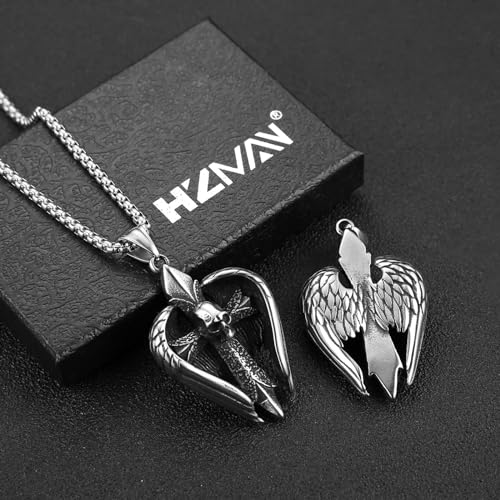 HZMAN Angel Wing Necklace for Men Women Stainless Steel Gothic Punk Angel Wing Cross/Angel Pendant Faith Amulet Jewelry Gift - color: Skull Cross