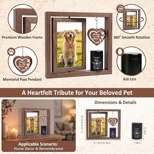 Memorial Gifts for Loss of Pet - Memorial Picture Frame and Small Urn Set - color: Rustic Brown