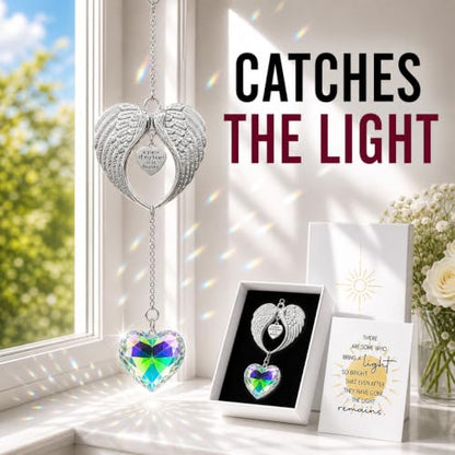 Memorial Suncatcher Gift for Loss of Mom, Crystal Angel Wings Sun Catcher | Gift for Loss of Mom, Windows, Sympathy Gift for Loss of Loved One, Bereavement Remembrance Grief for Women, Heart