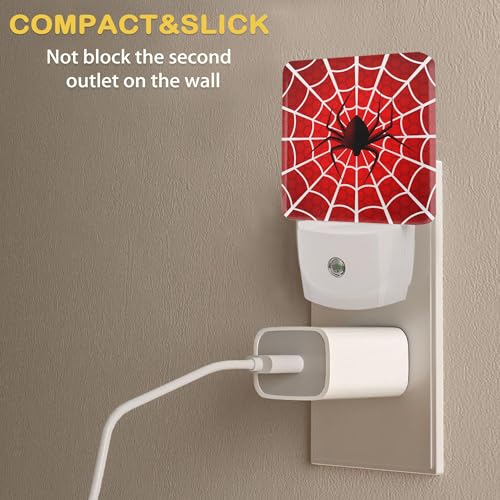 Red Spider Web Night Light with Dusk to Dawn Light Sensors, Plug-in Wall Led Night Lights, Energy Efficient Lamp for Bedroom/Bathroom/Kitchen/Hallway/Stairs - color: Red Spider Web