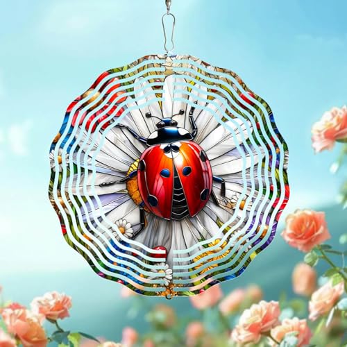 Ladybug Wind Spinner 3D for Outdoor Decor, Stainless Steel Hanging Wind Spinner, Kinetic Art 10 inch Ornament Spinner for Garden Decoration - color: Ladybug