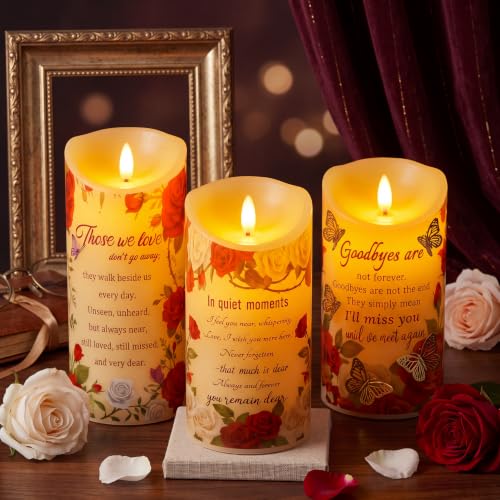 3 Pcs Flameless Memorial Candles Sympathy Gifts for Loss of Loved One, Real Wax LED Candle Bereavement Candles for Loss of Mother, Father, Remembrance and Sympathy Gift (Rose Style)