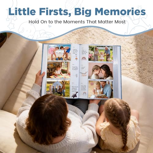 Baby Photo Album 4x6 300 Pockets with Memo Area, Photo Stickers & Hand and Footprint Kit, Linen Cover Baby Memory Book with Front Window, First Year Keepsake for Newborn Boy Girl - color: Blue