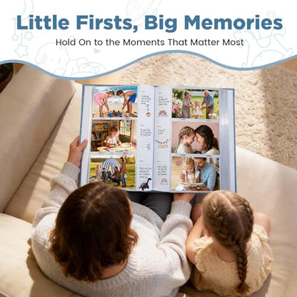 Baby Photo Album 4x6 300 Pockets with Memo Area, Photo Stickers & Hand and Footprint Kit, Linen Cover Baby Memory Book with Front Window, First Year Keepsake for Newborn Boy Girl - color: Blue