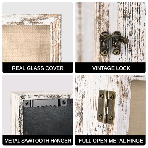 8×10 Shadow Box Frame, Linen Back, Glass Door, Hinge Display Case - color: Rustic White, size: 8×10