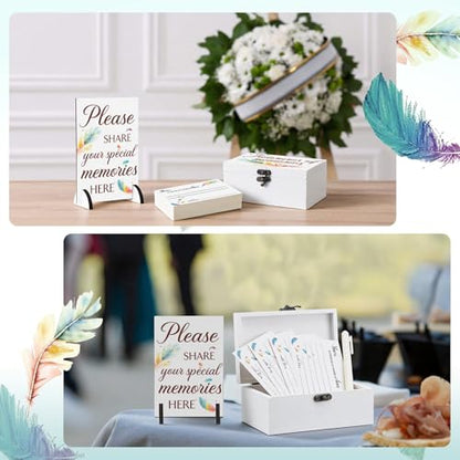 Gilprop 112 Pcs Celebration of Life Memory Cards Set Share a Memory Cards with Box 2 Wood Sign with 4 Hold and 5 Pens, Sympathy Memorial Gifts Funeral Keepsake Decorations(Feather) - style: Feather
