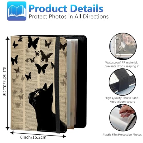 Photo Album 3.5x5 80 Photos Small Capacity PU Leather Cover, Cat Butterflies Flying Mini Photo Album 3.5x5 with Elastic band, Birthday Christmas Photo Albums Wedding Anniversary - color: Cat Butterflies Flying, size: 3.5*5 Holds 80 Photos