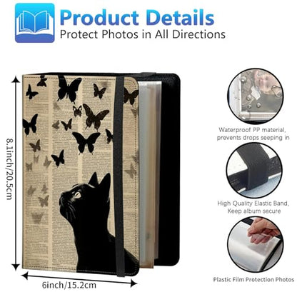 Photo Album 3.5x5 80 Photos Small Capacity PU Leather Cover, Cat Butterflies Flying Mini Photo Album 3.5x5 with Elastic band, Birthday Christmas Photo Albums Wedding Anniversary - color: Cat Butterflies Flying, size: 3.5*5 Holds 80 Photos