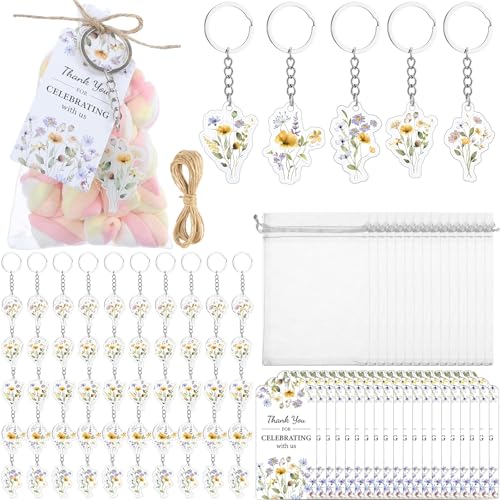 Equsion 50 Sets Wildflower Party Favors Acrylic Flower Keychains with Organza Bags and Thank You Tags Summer Floral Keychain Gift Set for Wedding Baby in Bloom Baby Shower Birthday Bachelorette Party - style: Wildflowers