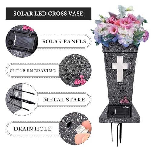 Solar Cemetery Vase with LED Cross Lamp Memorial Flower Holder - color: Square Cross