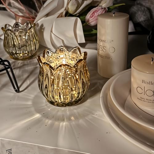Tulip Votive Candle Holders Set of 12, Tea Light Candle Holder Glass for Table Centerpiece, Tealight Candle Holders for Wedding Déco, Birthday, Anniversary, Parties, and Holiday (Glod) - color: Glod - Set of 12