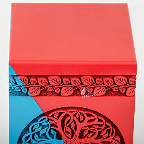 Wooden Cremation Urn for Human Ashes, 20 Cu in, Keepsake, Blue & Red | Hand-carved wood, blue and red, screw-locked sliding base, engraving available, holds a small share of ashes, to 20 lb - color: Blue & Red, size: Keepsake - 3.50Hx2.00W (6.50 Cu/In)