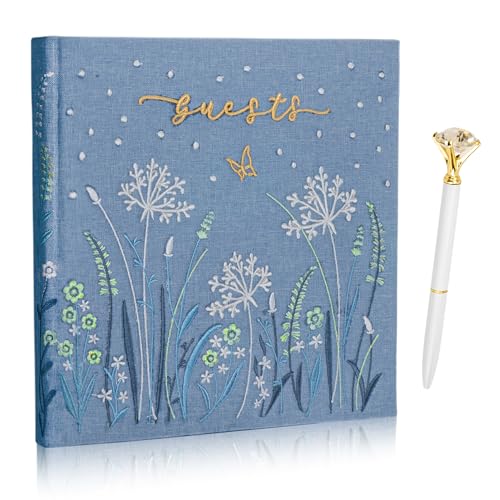 Embroidered Wedding Guest Book—The Perfect Polaroid Guest Book for Wedding Receptions, Birthdays, Baby Showers, and Special Events with 3 Photo Corner Stickers+ 3 DIY pens+1 Diamond Pen (Blue) - color: Blue