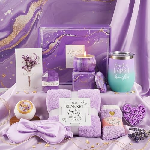 Get Well Soon Gift Baskets for Women,Self Care Gift Package Box, Birthday,Spa & Sympathy Care Package Gifts Set for Mom, Wife, Girlfriend, Sister & Friends - color: Purple